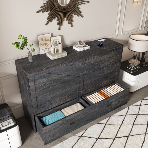 English Elm 57 Inch Foldable Murphy Bed Cabinet with Charging Station Built in Storage Drawers Black W509S00189