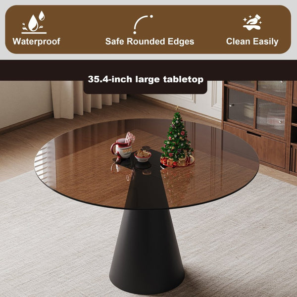 English Elm 35-Inch Round Tempered Glass Dining Table with Steel Base Seats 4 for Apartments W509S00191