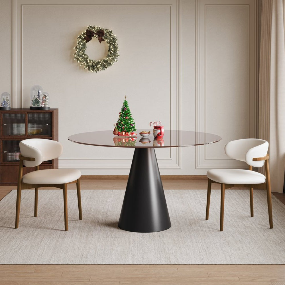 English Elm 35-Inch Round Tempered Glass Dining Table with Carbon Steel Legs Seats 4 Small Spaces W509S00192