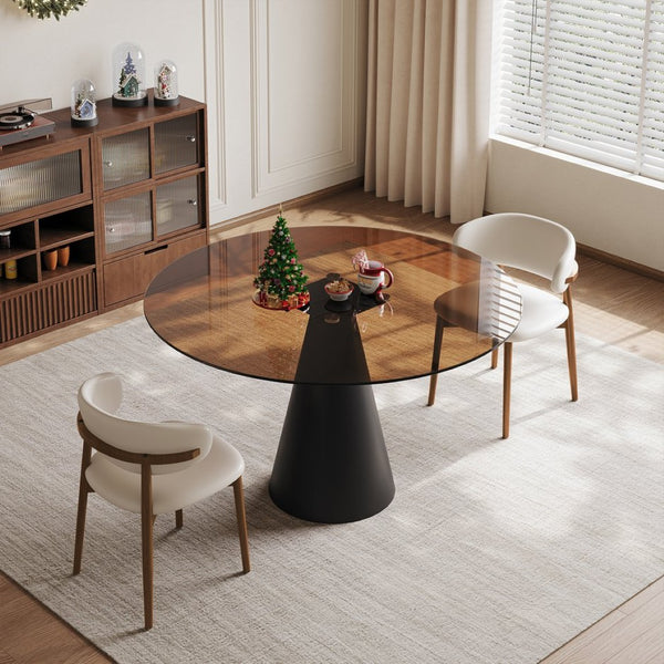English Elm 35-Inch Round Tempered Glass Dining Table with Carbon Steel Legs Seats 4 Small Spaces W509S00192