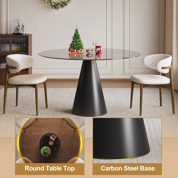 English Elm 35-Inch Round Tempered Glass Dining Table with Carbon Steel Legs Seats 4 Small Spaces W509S00192