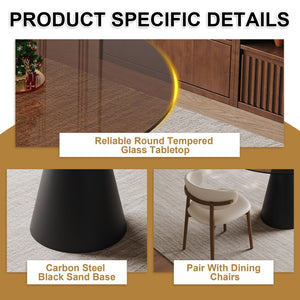 English Elm 35-Inch Round Tempered Glass Dining Table with Carbon Steel Legs Seats 4 Small Spaces W509S00192