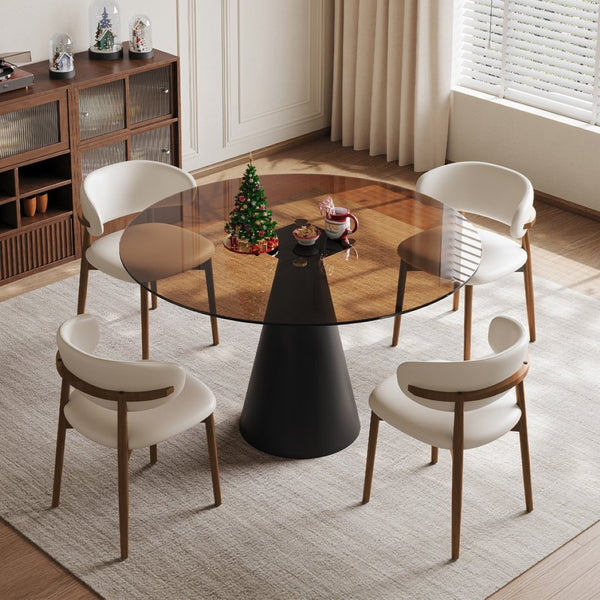 English Elm 35-Inch Round Tempered Glass Dining Table with Steel Legs Seats 4 for Compact Spaces W509S00193