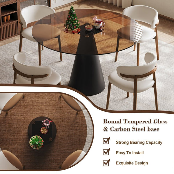 English Elm 35-Inch Round Tempered Glass Dining Table with Steel Legs Seats 4 for Compact Spaces W509S00193