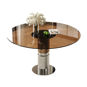 English Elm 35-Inch Round Tempered Glass Dining Table with Steel Base for Apartments and Cafes W509S00194