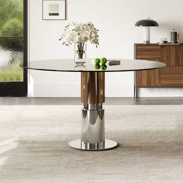 English Elm 35-Inch Round Tempered Glass Dining Table with Steel Base for Apartments and Cafes W509S00194
