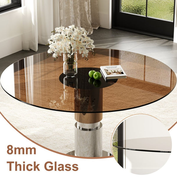 English Elm 35-Inch Round Tempered Glass Dining Table with Steel Base for Apartments and Cafes W509S00194