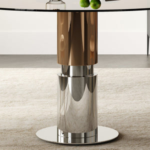 English Elm 35-Inch Round Tempered Glass Dining Table with Steel Base for Apartments and Cafes W509S00194