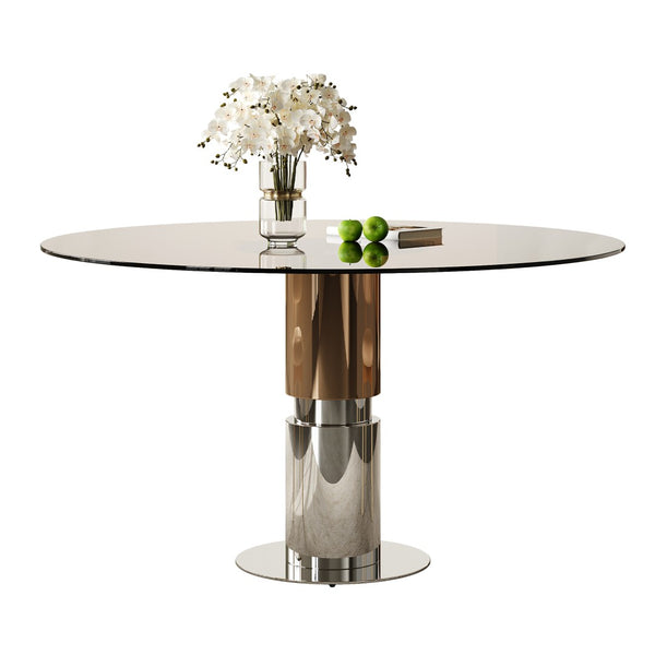 English Elm 35-Inch Round Tempered Glass Dining Table with Steel Base for Apartments and Cafes W509S00194