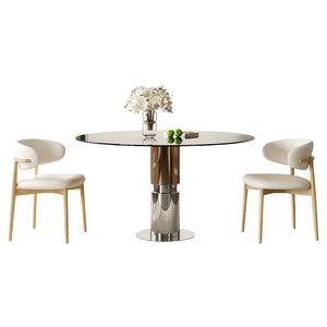 English Elm 35-Inch Round Tempered Glass Dining Table Stainless Steel Base for Small Spaces W509S00195
