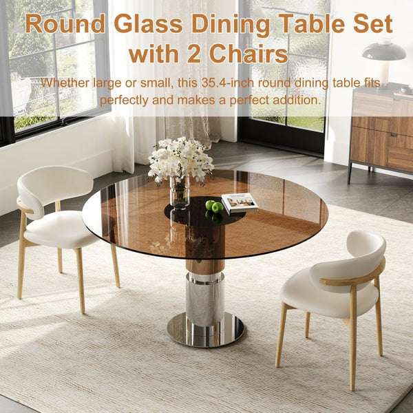 English Elm 35-Inch Round Tempered Glass Dining Table Stainless Steel Base for Small Spaces W509S00195