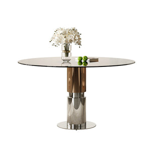 English Elm 35-Inch Round Tempered Glass Dining Table with Stainless Steel Legs for Small Spaces W509S00196