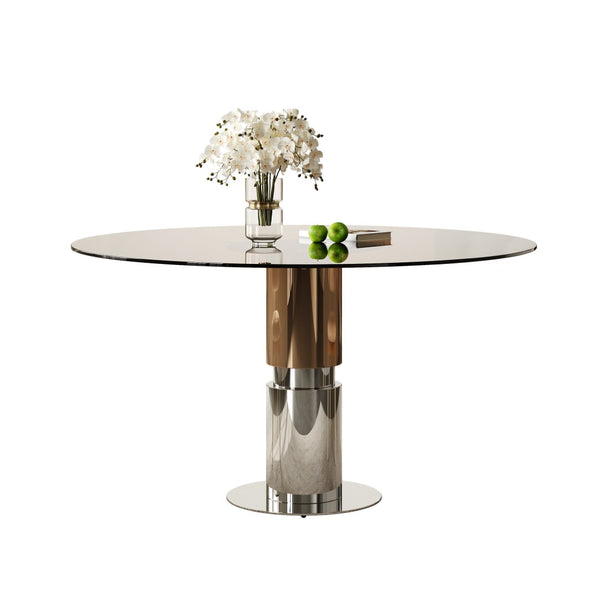 English Elm 35-Inch Round Tempered Glass Dining Table with Stainless Steel Legs for Small Spaces W509S00196