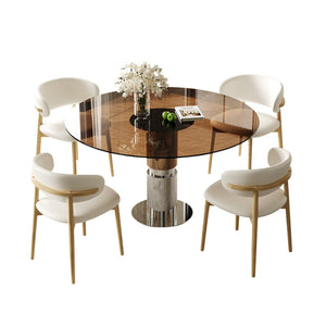 English Elm 35-Inch Round Tempered Glass Dining Table with Stainless Steel Legs for Small Spaces W509S00196