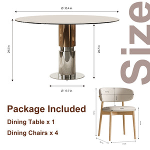 English Elm 35-Inch Round Tempered Glass Dining Table with Stainless Steel Legs for Small Spaces W509S00196