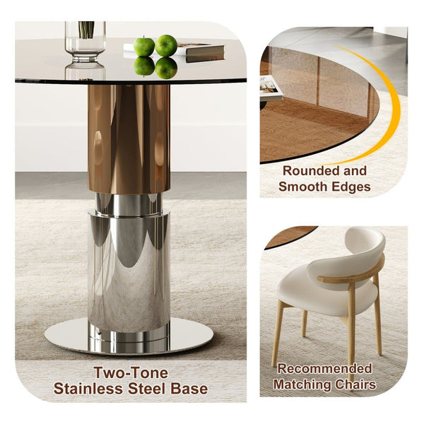 English Elm 35-Inch Round Tempered Glass Dining Table with Stainless Steel Legs for Small Spaces W509S00196