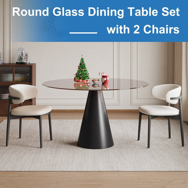 English Elm 35-Inch Round Tempered Glass Dining Table with Steel Legs Seats 4 for Small Spaces W509S00197