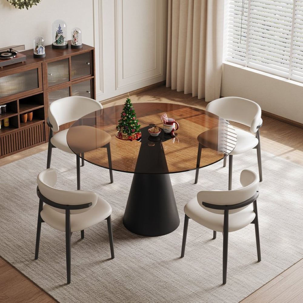 English Elm 35-Inch Round Glass Top Dining Table with Carbon Steel Legs for Apartments W509S00198