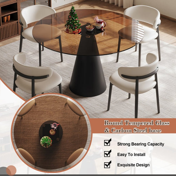 English Elm 35-Inch Round Glass Top Dining Table with Carbon Steel Legs for Apartments W509S00198