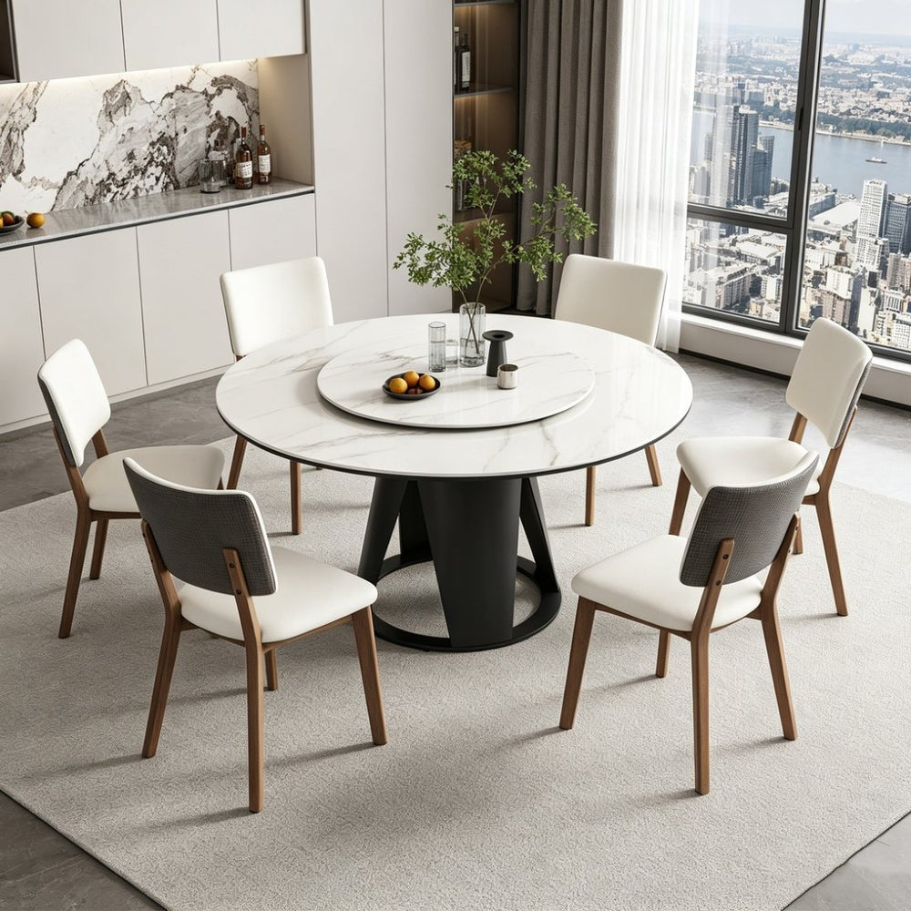 English Elm 59''Modern Sintered Stone Round Dining Table with Lazy Susan Pedestal Base and Six Chairs W509S00199
