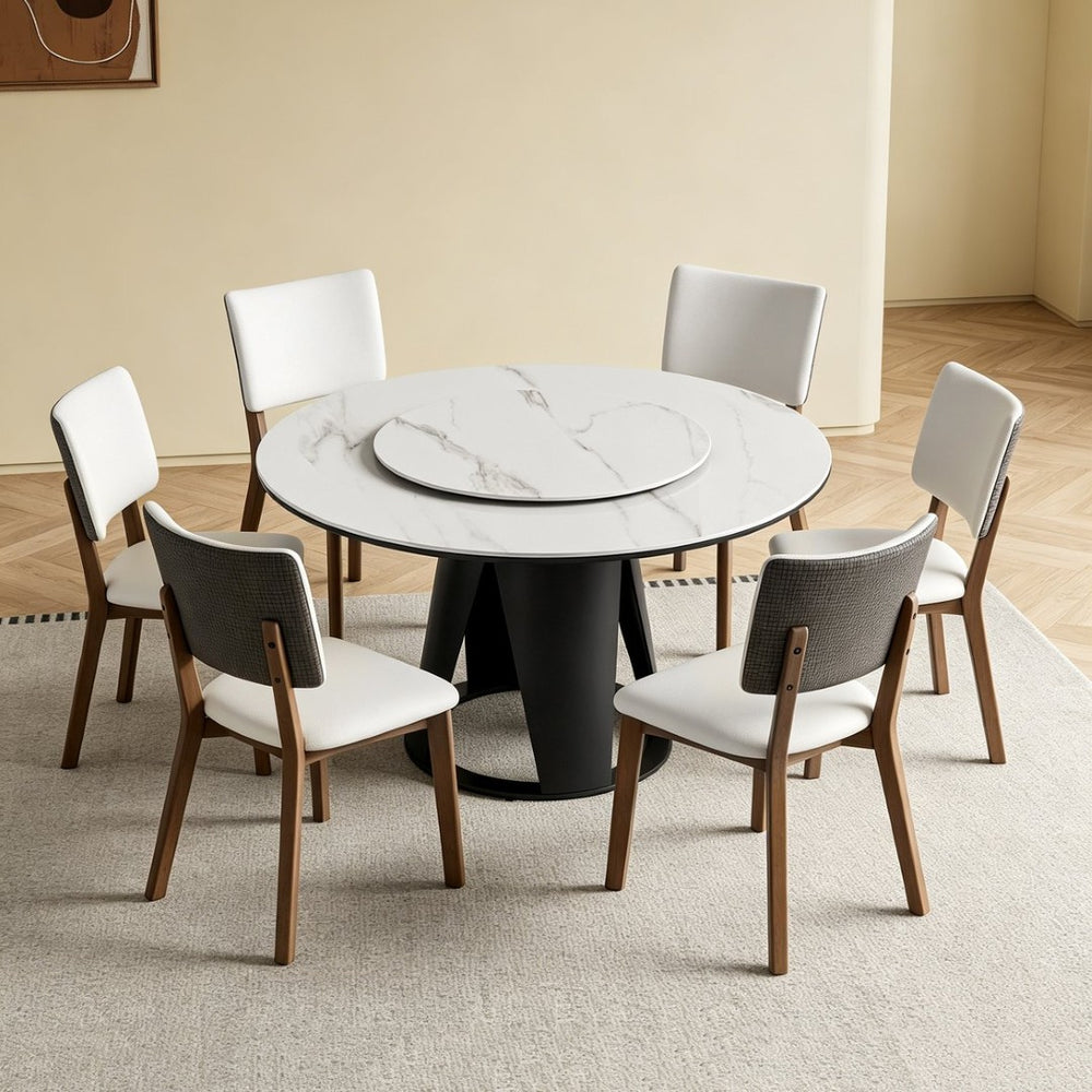 English Elm 59''Modern Sintered Stone Round Dining Table with Lazy Susan Pedestal Base and Six Chairs W509S00199