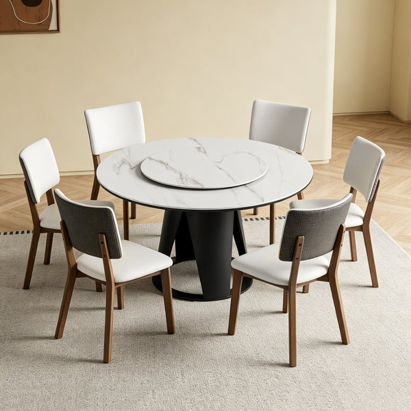 English Elm 59''Modern Sintered Stone Round Dining Table with Lazy Susan Pedestal Base and Six Chairs W509S00199