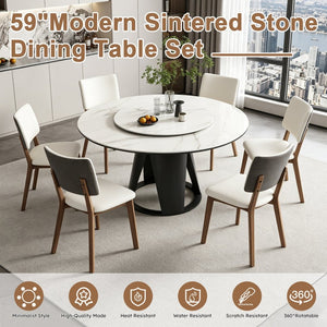 English Elm 59''Modern Sintered Stone Round Dining Table with Lazy Susan Pedestal Base and Six Chairs W509S00199