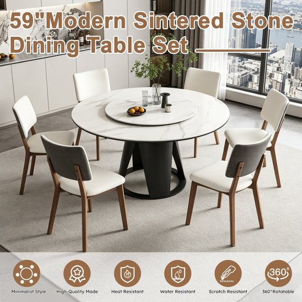 English Elm 59''Modern Sintered Stone Round Dining Table with Lazy Susan Pedestal Base and Six Chairs W509S00199