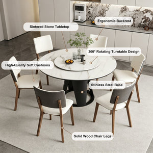 English Elm 59''Modern Sintered Stone Round Dining Table with Lazy Susan Pedestal Base and Six Chairs W509S00199
