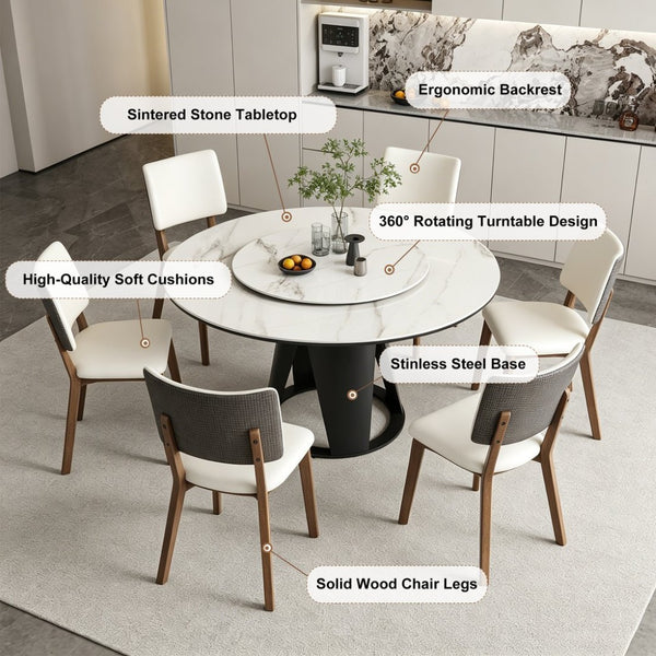 English Elm 59''Modern Sintered Stone Round Dining Table with Lazy Susan Pedestal Base and Six Chairs W509S00199