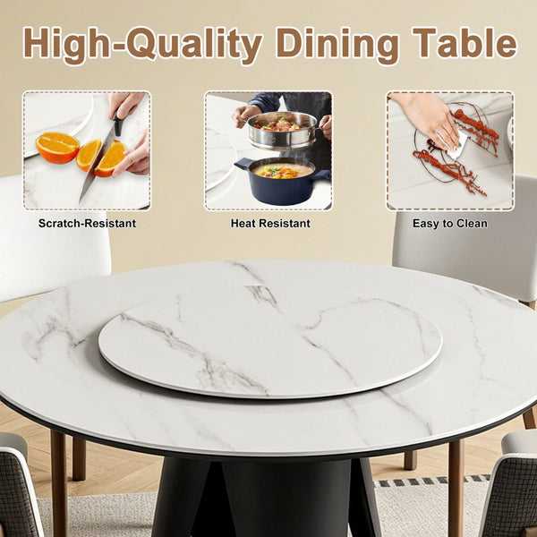 English Elm 59''Modern Sintered Stone Round Dining Table with Lazy Susan Pedestal Base and Six Chairs W509S00199