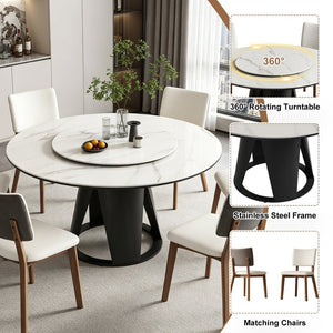 English Elm 59''Modern Sintered Stone Round Dining Table with Lazy Susan Pedestal Base and Six Chairs W509S00199