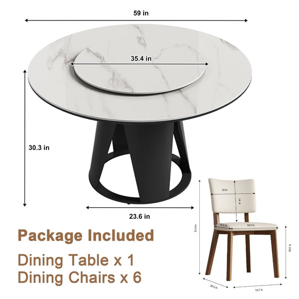 English Elm 59''Modern Sintered Stone Round Dining Table with Lazy Susan Pedestal Base and Six Chairs W509S00199