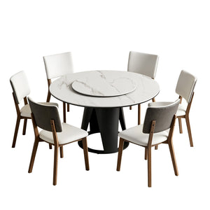 English Elm 59''Modern Sintered Stone Round Dining Table with Lazy Susan Pedestal Base and Six Chairs W509S00199