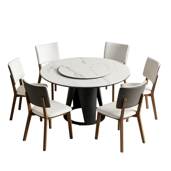 English Elm 59''Modern Sintered Stone Round Dining Table with Lazy Susan Pedestal Base and Six Chairs W509S00199