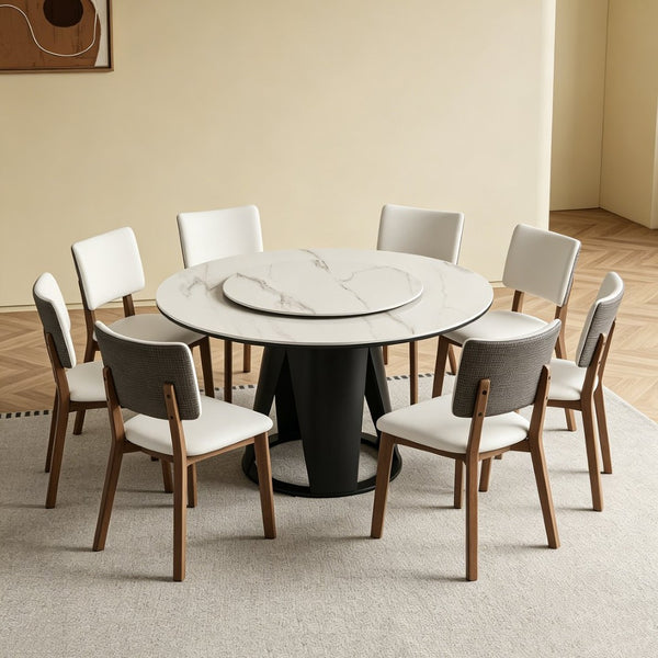 English Elm 59''Modern Sintered Stone Round Dining Table Lazy Susan Pedestal Base 9-Piece Set W509S00200