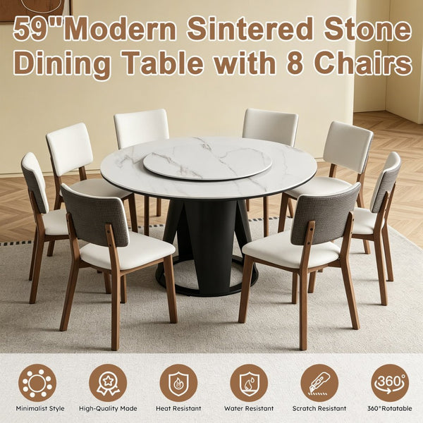 English Elm 59''Modern Sintered Stone Round Dining Table Lazy Susan Pedestal Base 9-Piece Set W509S00200