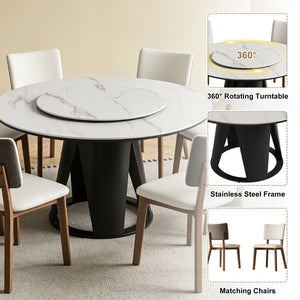 English Elm 59''Modern Sintered Stone Round Dining Table Lazy Susan Pedestal Base 9-Piece Set W509S00200