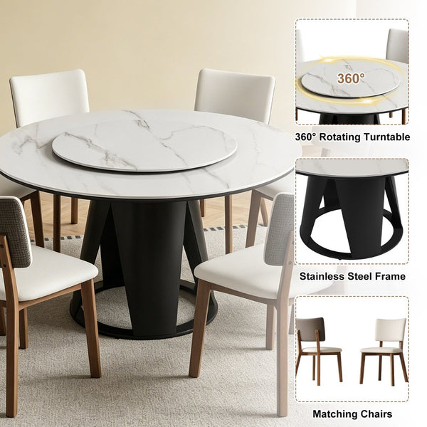 English Elm 59''Modern Sintered Stone Round Dining Table Lazy Susan Pedestal Base 9-Piece Set W509S00200