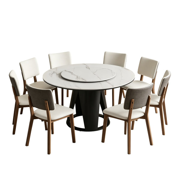 English Elm 59''Modern Sintered Stone Round Dining Table Lazy Susan Pedestal Base 9-Piece Set W509S00200