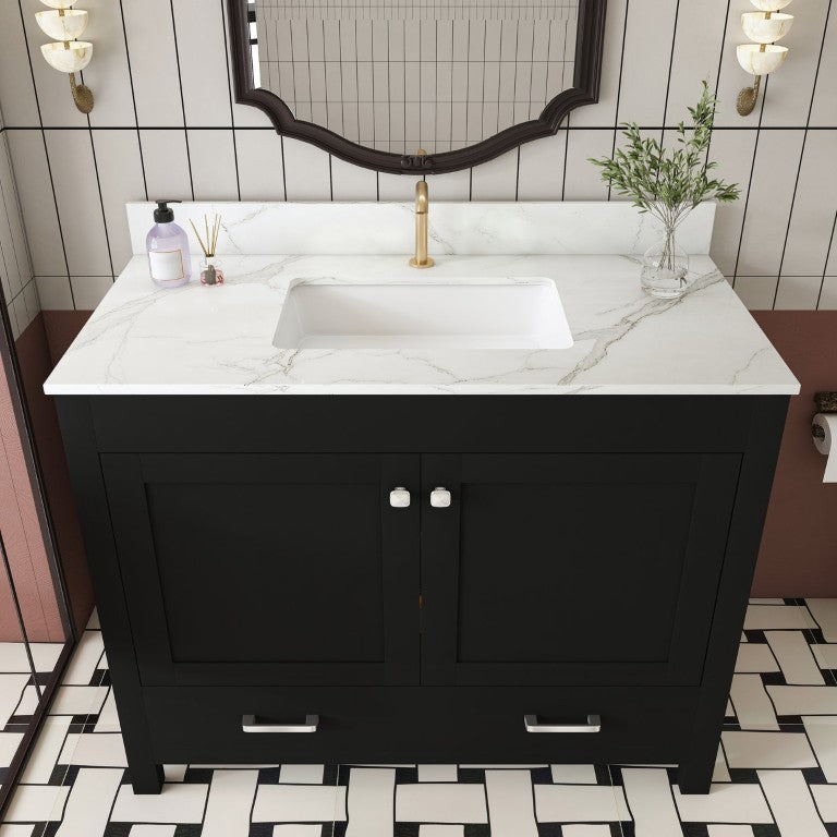 English Elm 43 Inch Matte Black Bathroom Vanity with Fluted Doors Marble Top and Ceramic Sink W509S00201