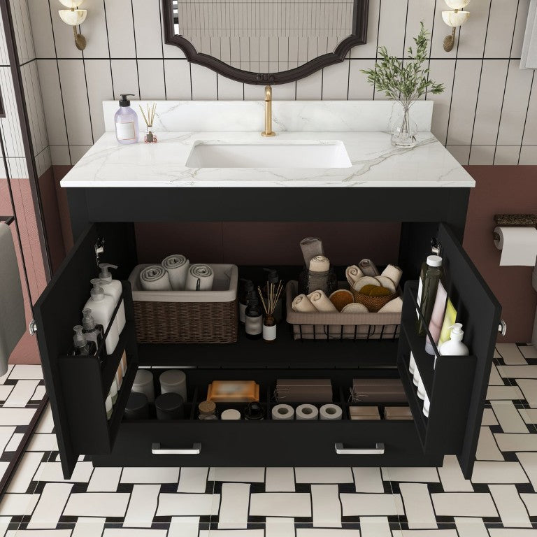 English Elm 43 Inch Matte Black Bathroom Vanity with Fluted Doors Marble Top and Ceramic Sink W509S00201