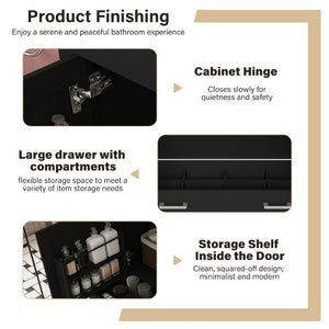 English Elm 43 Inch Fluted Matte Black Bathroom Vanity with Marble Top Ceramic Sink Soft Close Storage W509S00202