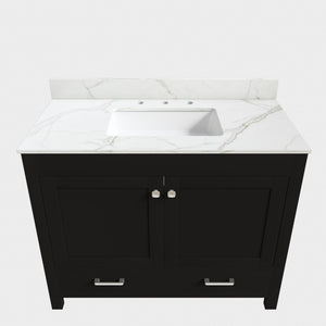 English Elm 43 Inch Fluted Matte Black Bathroom Vanity with Marble Top Ceramic Sink Soft Close Storage W509S00202
