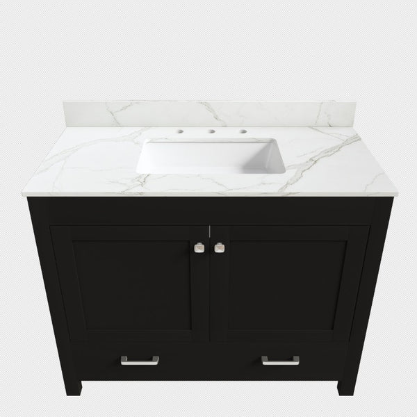 English Elm 43 Inch Fluted Matte Black Bathroom Vanity with Marble Top Ceramic Sink Soft Close Storage W509S00202