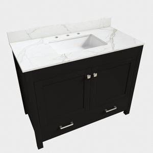 English Elm 43 Inch Fluted Matte Black Bathroom Vanity with Marble Top Ceramic Sink Soft Close Storage W509S00202