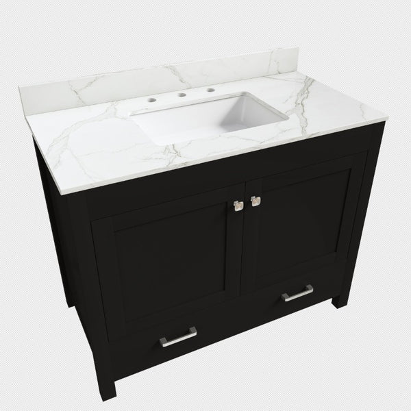 English Elm 43 Inch Fluted Matte Black Bathroom Vanity with Marble Top Ceramic Sink Soft Close Storage W509S00202