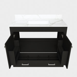 English Elm 43 Inch Fluted Matte Black Bathroom Vanity with Marble Top Ceramic Sink Soft Close Storage W509S00202