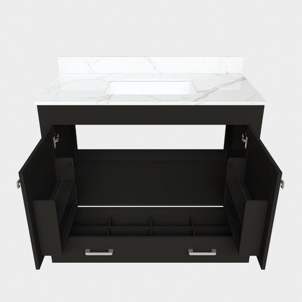English Elm 43 Inch Fluted Matte Black Bathroom Vanity with Marble Top Ceramic Sink Soft Close Storage W509S00202