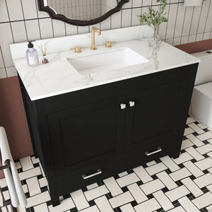 English Elm 43 Inch Fluted Matte Black Bathroom Vanity with Marble Top Ceramic Sink Soft Close Storage W509S00202